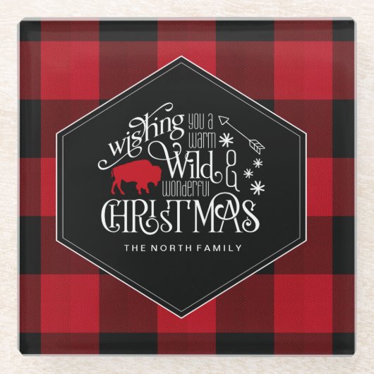 ワイルドワンダートクリスマスレッドバッファロープレイドID604 ガラスコースター (正面)