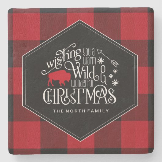 ワイルドワンダートクリスマスレッドバッファロープレイドID604 ストーンコースター (正面)