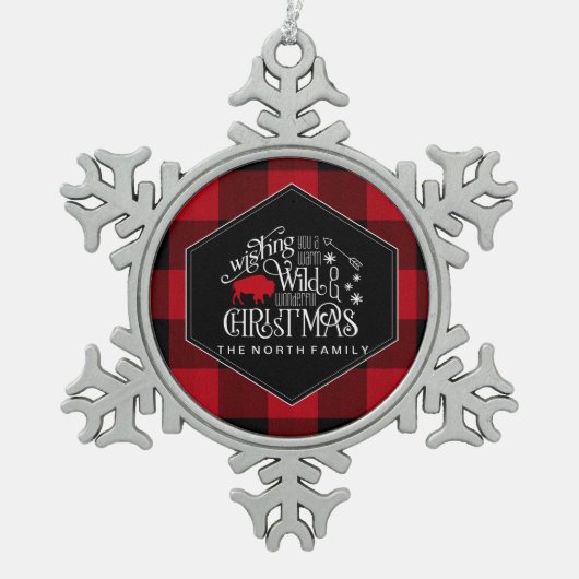 ワイルドワンダートクリスマスレッドバッファロープレイドID604 スノーフレークピューターオーナメント (正面)