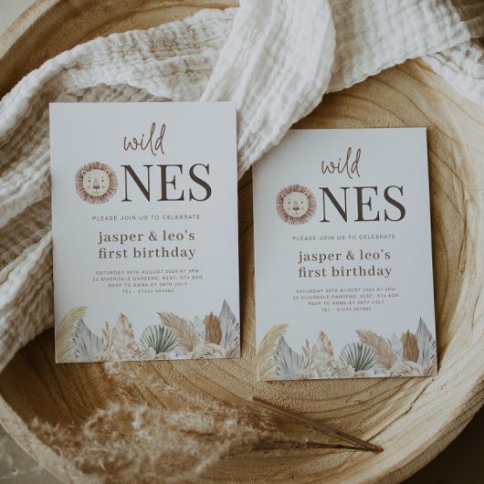 ワイルドワンツインズニュートラル葉誕生日招待状 招待状