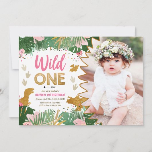 ワイルドワンディノパーティーガールピンクディゾロウ誕生日 招待状 (正面)