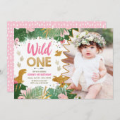 ワイルドワンディノパーティーガールピンクディゾロウ誕生日 招待状 (正面/裏面)