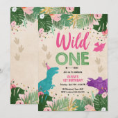 ワイルドワンディノパーティーガールピンクディゾロウ誕生日 招待状 (正面/裏面)
