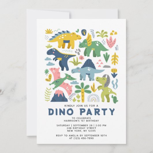 ワイルドワンディノパーティー可愛いモダン恐竜の最初 招待状 (正面)