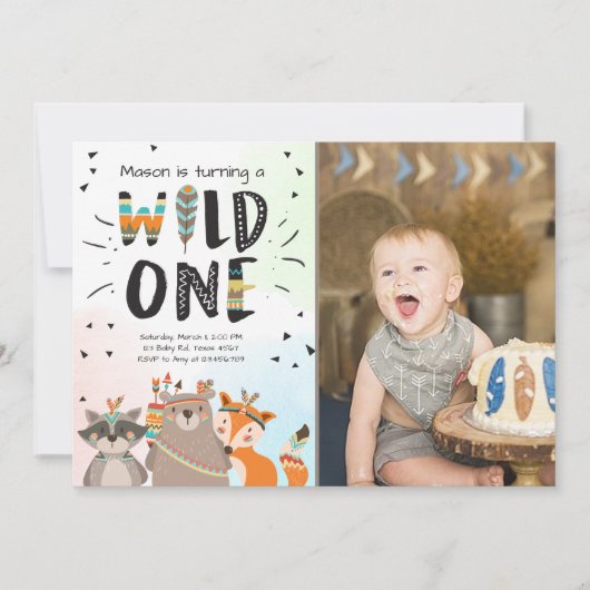 ワイルドワントライバルの最初の誕生日の招待ウッドランド 招待状 (正面)