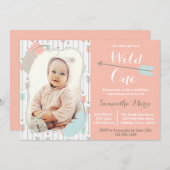 ワイルドワントライバルガールファースト誕生日ピンクフォト 招待状 (正面/裏面)