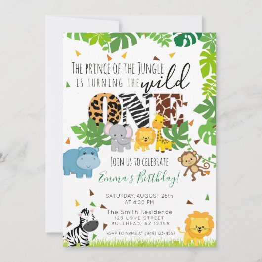 ワイルドワントロピカルサファリアニマル誕生日 招待状 (正面)