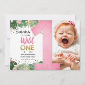 ワイルドワントロピカルサファリガールピンクファースト誕生日 招待状 (正面)