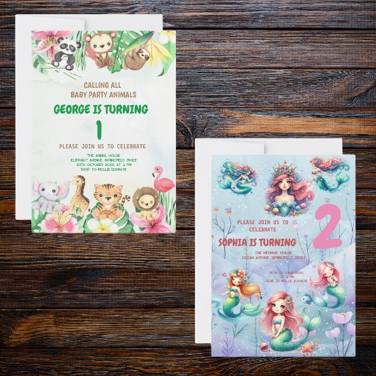 ワイルドワントロピカルサファリジャングルアニマルズ誕生日 招待状