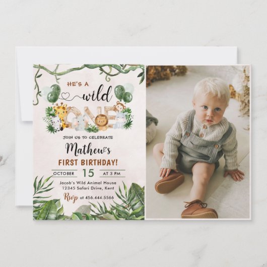 ワイルドワントロピカルサファリファースト誕生日写真 招待状 (正面)