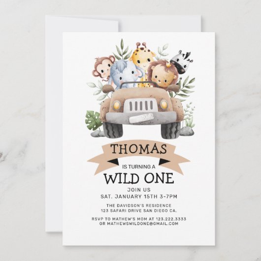 ワイルドワントロピカルジャングルサファリ誕生日 招待状 (正面)
