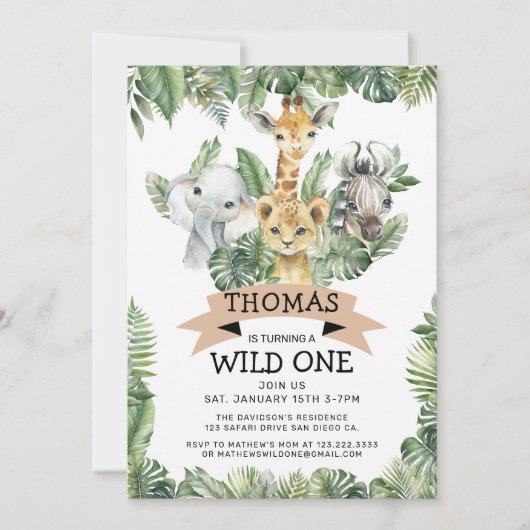 ワイルドワントロピカルジャングルサファリ誕生日 招待状 (正面)