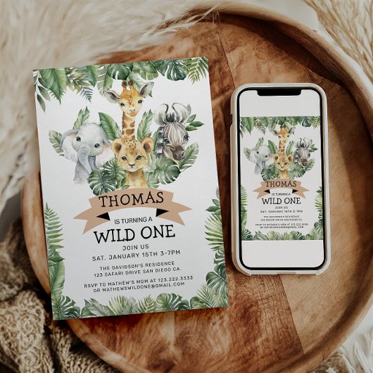 ワイルドワントロピカルジャングルサファリ誕生日 招待状