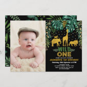 ワイルドワントロピカルジャングルサファリ1st誕生日パーティー 招待状 (正面/裏面)