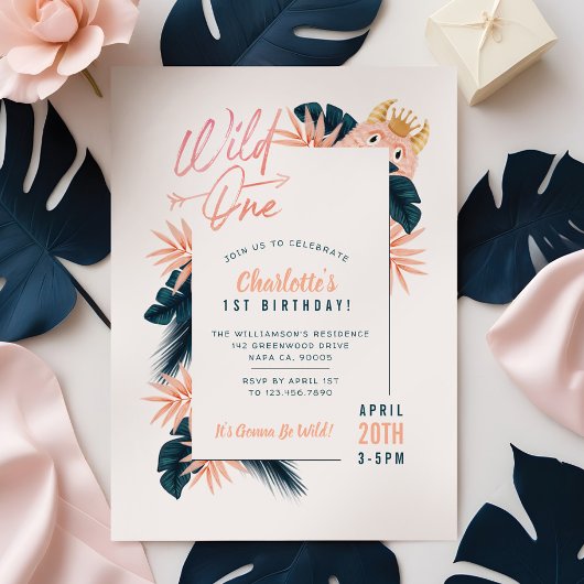 ワイルドワントロピカルジャングルピンクモンスター誕生日 招待状