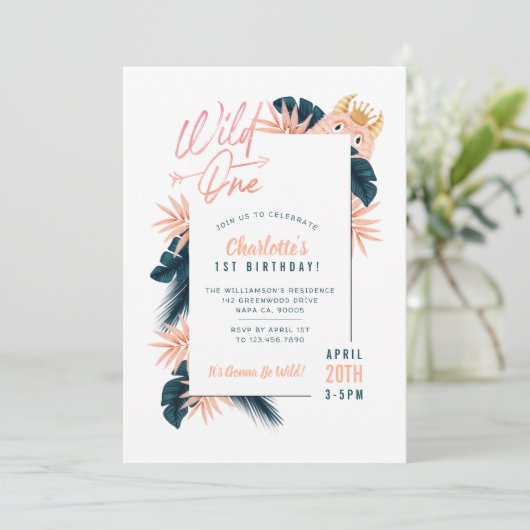 ワイルドワントロピカルジャングルピンクモンスター誕生日 招待状 (スタンド正面)