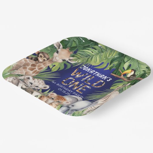 ワイルドワンネイビーブルーサファリジャングル1歳の誕生日 ペーパープレート (傾斜あり)