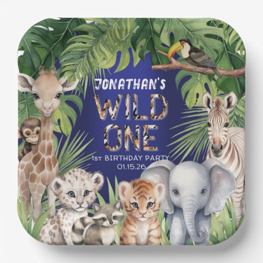 ワイルドワンネイビーブルーサファリジャングル1歳の誕生日 ペーパープレート (正面)