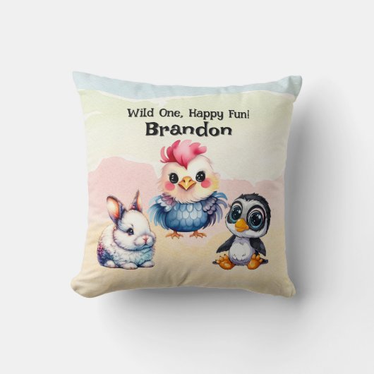 ワイルドワンハッピーおもしろいウッドランドアニマルズウォーター色 クッション (正面)