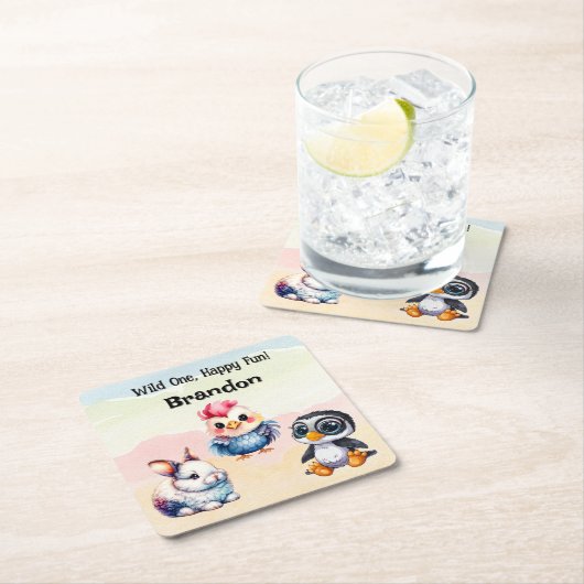 ワイルドワンハッピーおもしろいウッドランドアニマルズウォーター色 スクエアペーパーコースター (インサイチュ)