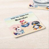 ワイルドワンハッピーおもしろいウッドランドアニマルズウォーター色 スクエアペーパーコースター (アングル)