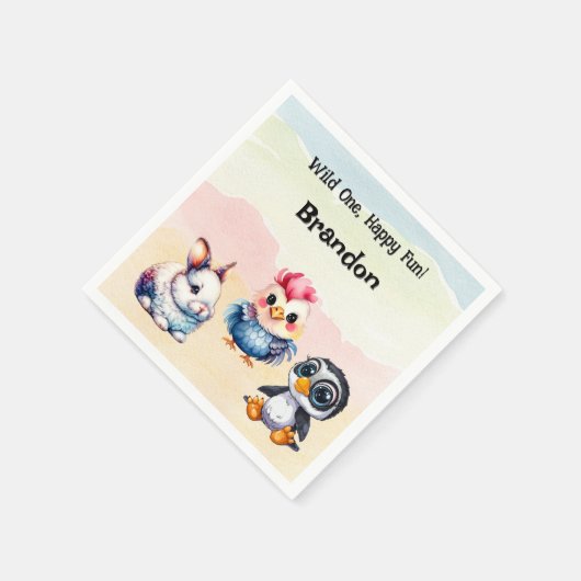 ワイルドワンハッピーおもしろいウッドランドアニマルズウォーター色 スタンダードカクテルナプキン (角)