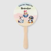 ワイルドワンハッピーおもしろいウッドランドアニマルズウォーター色 ハンドファン (正面)