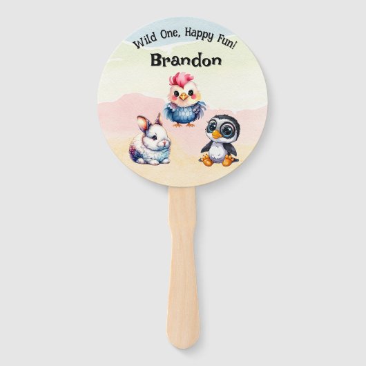 ワイルドワンハッピーおもしろいウッドランドアニマルズウォーター色 ハンドファン (正面)