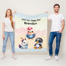 ワイルドワンハッピーおもしろいウッドランドアニマルズウォーター色 フリースブランケット