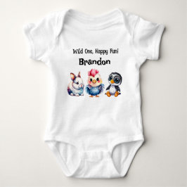 ワイルドワンハッピーおもしろいウッドランドアニマルズウォーター色 ベビーボディスーツ