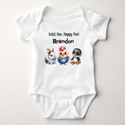 ワイルドワンハッピーおもしろいウッドランドアニマルズウォーター色 ベビーボディスーツ (正面)