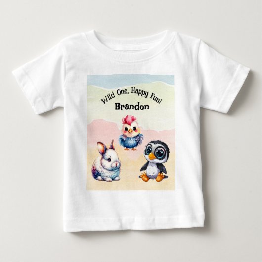 ワイルドワンハッピーおもしろいウッドランドアニマルズウォーター色 ベビーTシャツ (正面)
