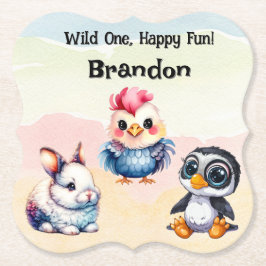 ワイルドワンハッピーおもしろいウッドランドアニマルズウォーター色 ペーパーコースター