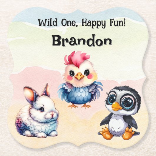 ワイルドワンハッピーおもしろいウッドランドアニマルズウォーター色 ペーパーコースター (正面)