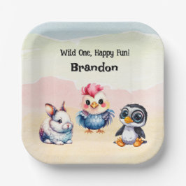 ワイルドワンハッピーおもしろいウッドランドアニマルズウォーター色 ペーパープレート