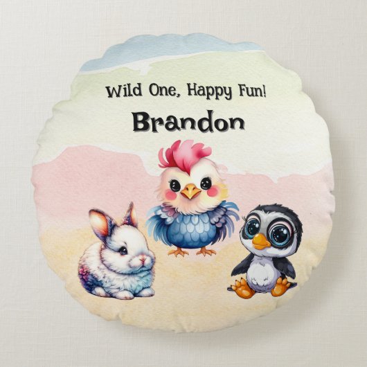 ワイルドワンハッピーおもしろいウッドランドアニマルズウォーター色 ラウンドクッション (正面)