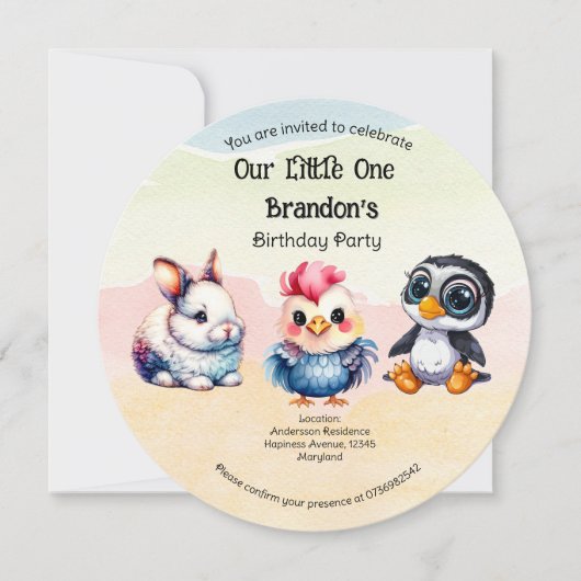 ワイルドワンハッピーおもしろいウッドランドアニマルズウォーター色 招待状 (正面)