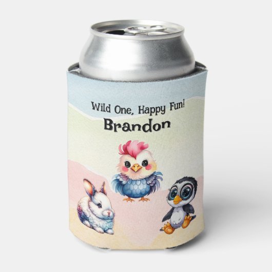 ワイルドワンハッピーおもしろいウッドランドアニマルズウォーター色 缶クーラー (缶正面)