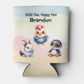 ワイルドワンハッピーおもしろいウッドランドアニマルズウォーター色 缶クーラー (正面)