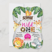 ワイルドワンバースデーの招待状。ガールジャングルサファリ 招待状 (正面)