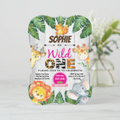 ワイルドワンバースデーの招待状。ガールジャングルサファリ 招待状 (スタンド正面)