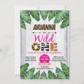 ワイルドワンバースデーの招待状。ガールジャングルテーマ 招待状 (正面)