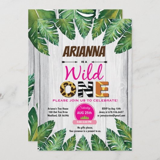 ワイルドワンバースデーの招待状。ガールジャングルテーマ 招待状 (正面/裏面)