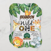 ワイルドワンバースデーの招待状。男の子ジャングルサファリ 招待状 (正面/裏面)