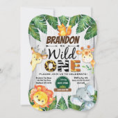 ワイルドワンバースデーの招待状。男の子ジャングルサファリ 招待状 (正面)