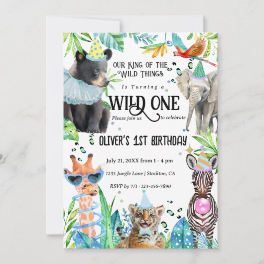 ワイルドワンバースデーサファリ動物 招待状 (正面)