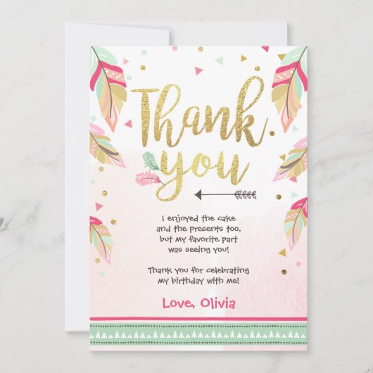 ワイルドワンバースデーサンキューカードピンク金ゴールドガール サンキューカード (正面)
