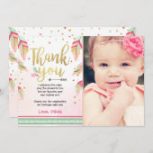 ワイルドワンバースデーサンキューカードピンク金ゴールドガール サンキューカード (正面/裏面)