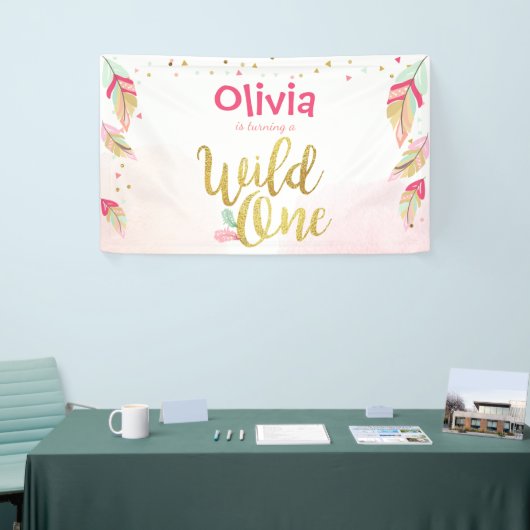 ワイルドワンバースデーバナーフェザー金ゴールドボホトライバル 横断幕 (トレードショー)