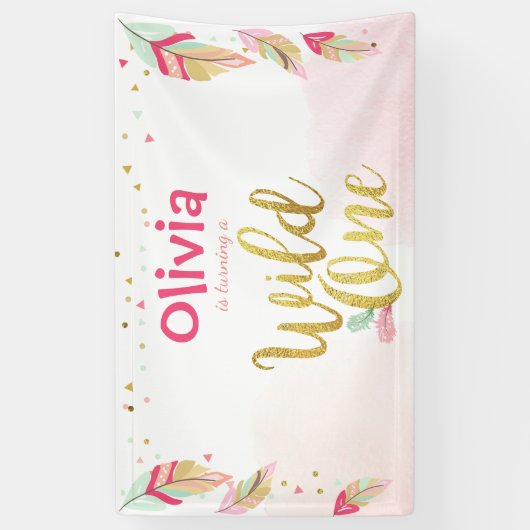 ワイルドワンバースデーバナーフェザー金ゴールドボホトライバル 横断幕 (縦)